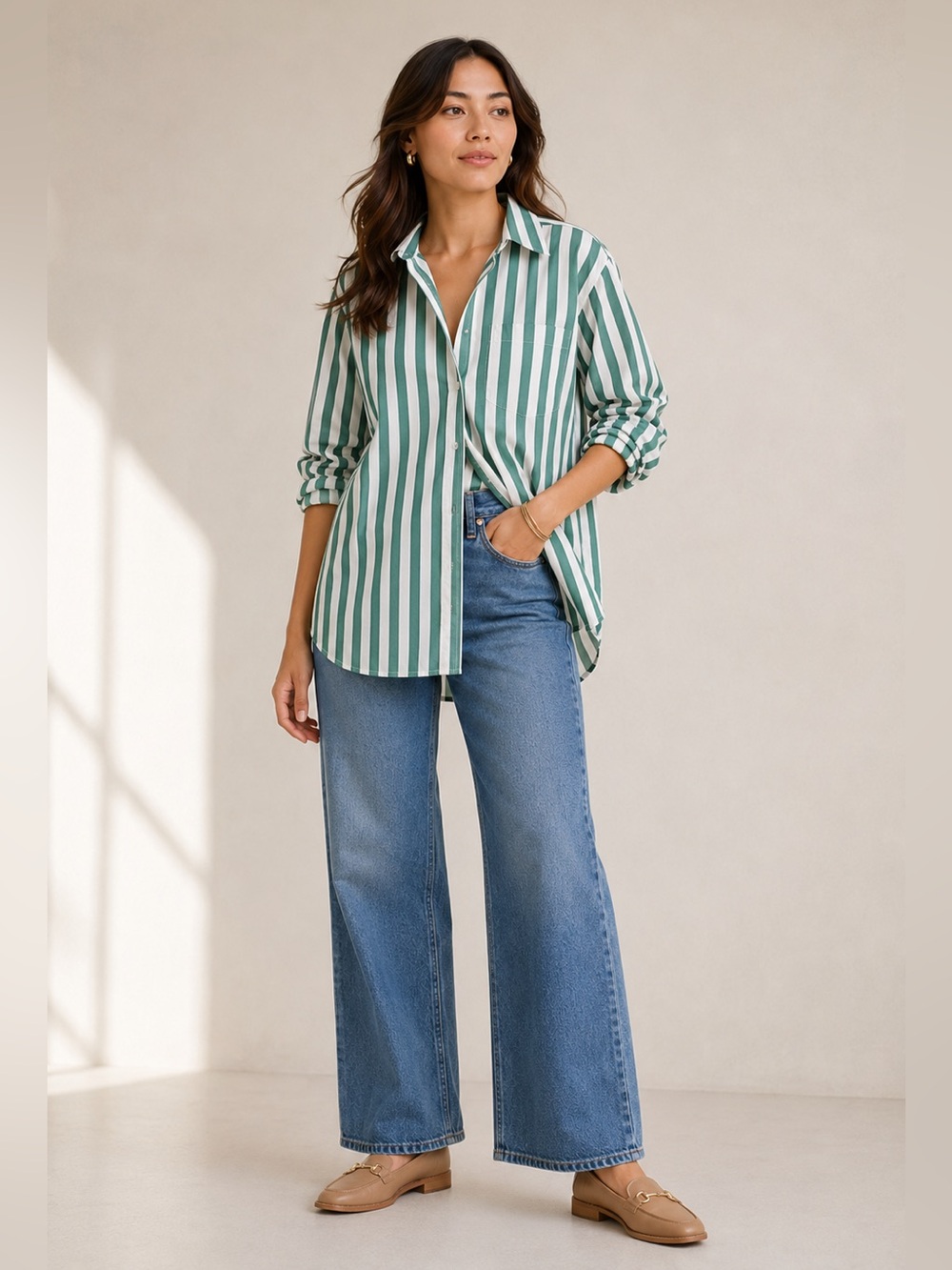 LOFT Striped Poplin Everyday Oversized Pocket Shirt Green White Size Medium - Picture 2 of 9